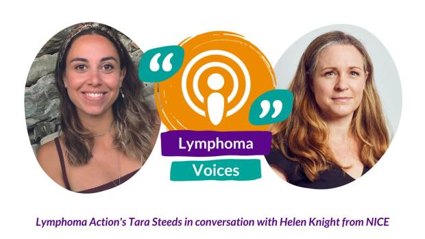 Two women face the camera and smile. A podcast icon is between them.