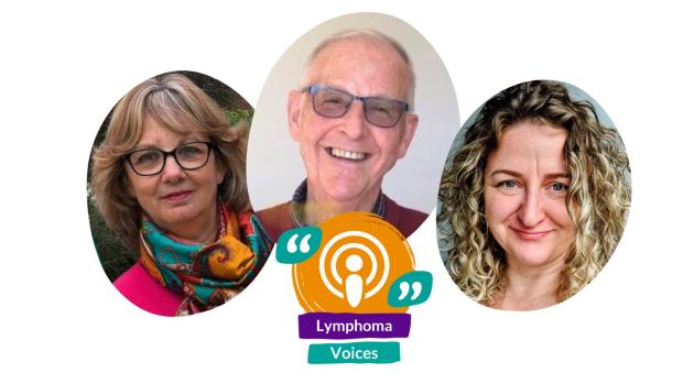 Three people in close up smile at the camera. A colourful podcast logo sits underneath the photos.