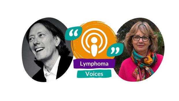 A black and white photo of a man and colour photo of a woman, sit either side of a microphone logo. The words Lymphoma Voices are in the middle.