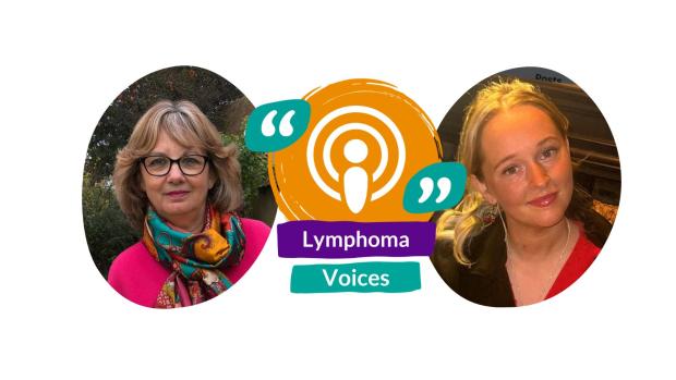 Two people, both smiling and one wearing glasses are seeneither side of a podcast logo