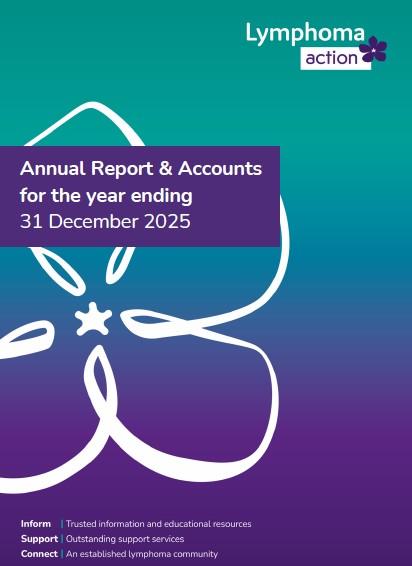 Lymphoma Action Annual Report and Accounts 2025 cover with gradient background and periwinkle flower illustration.