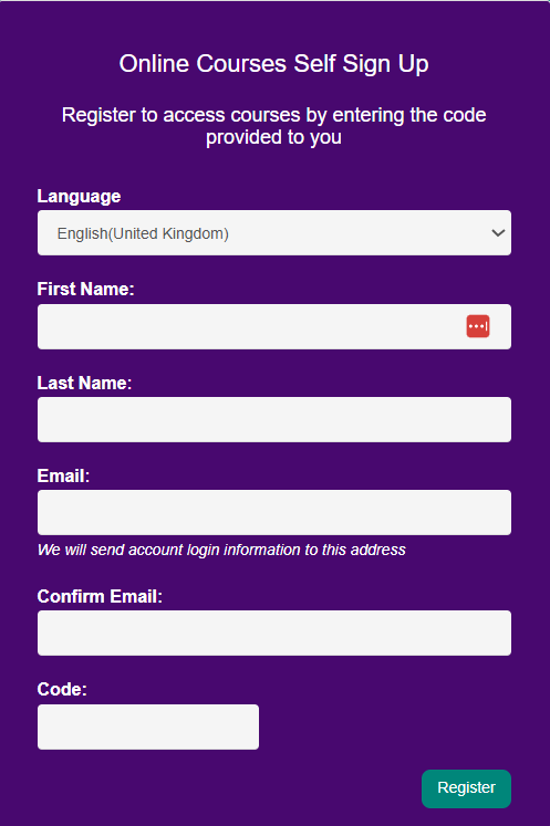 A purple box containing white text, saying what form fields to complete to register