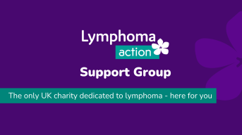 Purple background with the words 'Lymphoma Action Support Group'