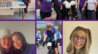 A montage of Lymphoma Action supporters engaged in various activities to support Blood Cancer Awareness Month: Top left a person at a table which displays Lymphoma Action information about lymphoma, top right a group of supporters wearing Lymphoma Action t shirts standing underneath an arch of purple and white balloons, bottom left two people hugging, centre right: a cyclist wearing a Lymphoma Action t shirt at a cycling event and bottom right: a headshot of our supporter, Shannon