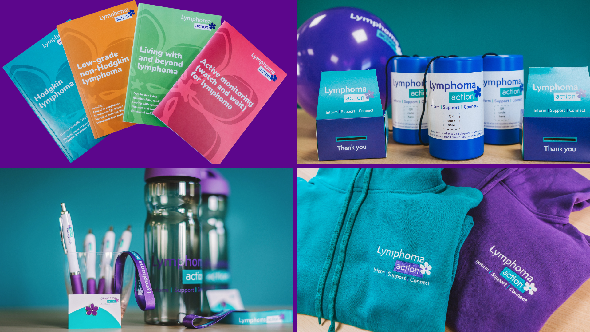 Collage photo of Lymphoma Action books and branded merchandise 