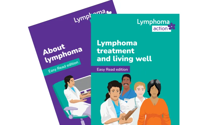 Covers of both of our easy read books together with illustrations of doctors and their patient