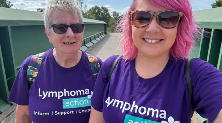 Two Lymphoma Action supporters taking part in a Bridges walk in their local area