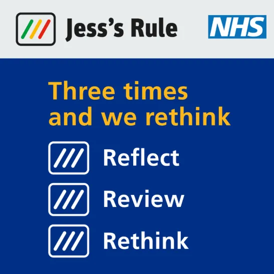 Text on grey background at the top of the graphic states: 'Jess's rule' adjacent to the NHS logo; text underneath on a blule background reads: three times and we rethink: reflect review rethink