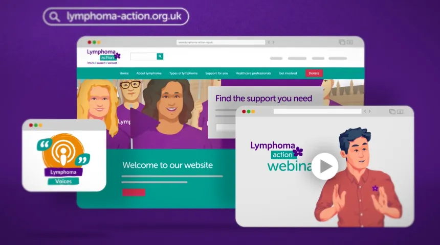 three screens showing lymphoma voices, the lymphoma action websites and a still animation of a man talking with lymphoma action webinar text