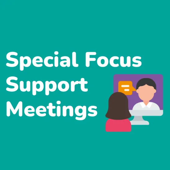 Illustrated icon of a person watching another person speaking on a computer screen. Accompanying text reads Special Focus Support Meetings