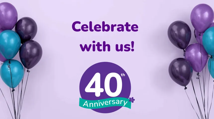 Celebrate with us! purple and teal balloons 