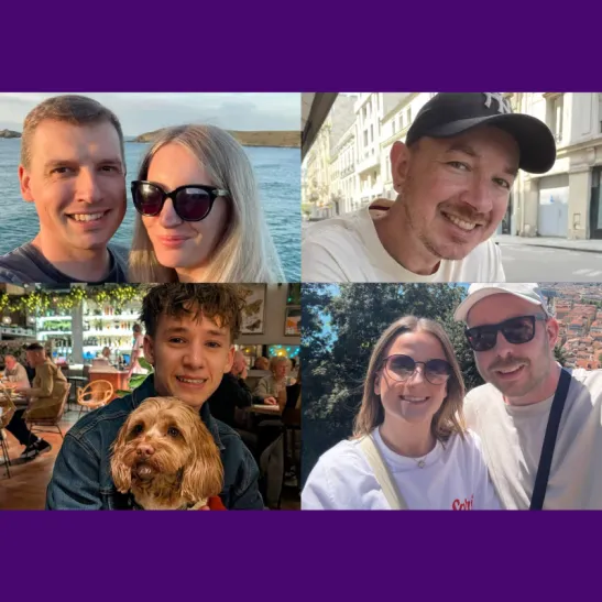 A photo montage with four individual shots of Craig and his partner, Ian smiling to camera, Matt seated at a restaurant and Bradley with his partner